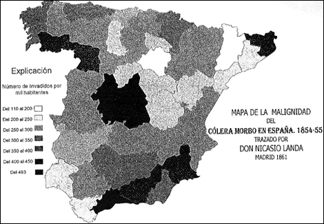 Mapa de la influencia del colera en Espaa en 1854